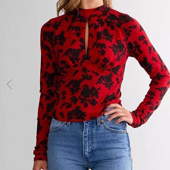 NWT Free People Dinner Party Long Sleeve S Floral Key Hole Mock Neck Retro Chic - Picture 4 of 11